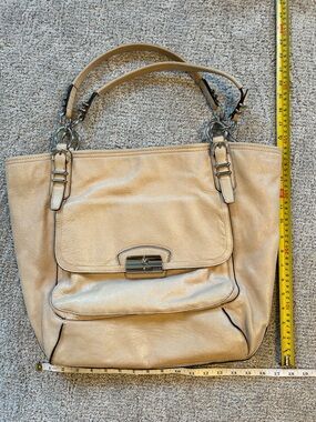 Coach Beige Leather Shoulder Tote with Front Flap Pocket